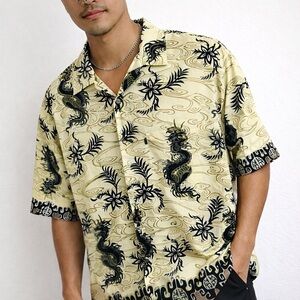 VTG 90s Pineapple Connection Cream Dragon Print Hawaiian‎ Button Up Shirt XL